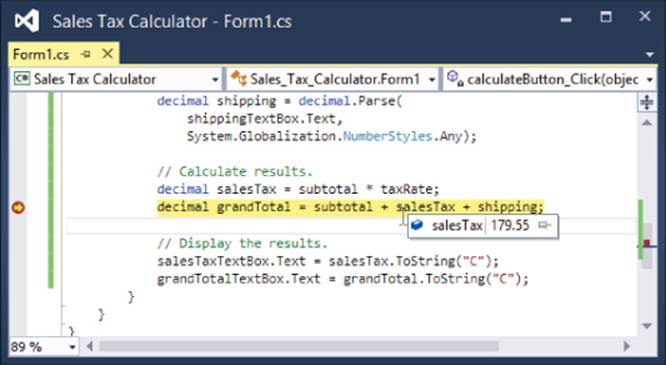 Sales Tax Calculator code editor window displaying the highlighted decimal grandTotal = subtotal + salesTax + shipping with mouse hovering over the salesTax variable displaying value 179.55.