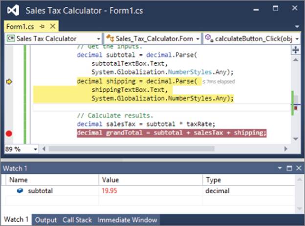 Top: Sales Tax Calculator window displaying highlighted variables. Bottom: Watch window of the right-clicked variable subtotal displaying value 19.95 highlighted.