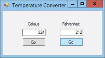 Temperature Converter program window displaying columns for Celsius and Fahrenheit with their values in boxes and Go button for each column.