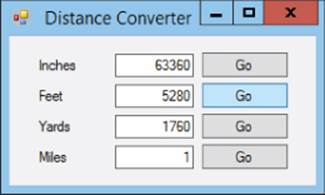 Screenshot of Distance Converter window presenting values for Inches, Feet, Yards, and Miles (left) and Go buttons beside each value (right).