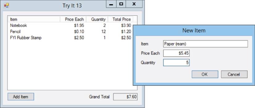 Screenshot of Try It 13 window presenting the highlighted Add Item button at the bottom with New Item dialog box presenting an item (Paper (ream)), its price ($5.45), and quantity (5) with OK and Cancel buttons.