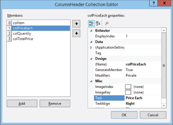 Screenshot of ColumnHeader Collection Editor presenting Members panel (left) with Add and Remove buttons and property editor panel (right).