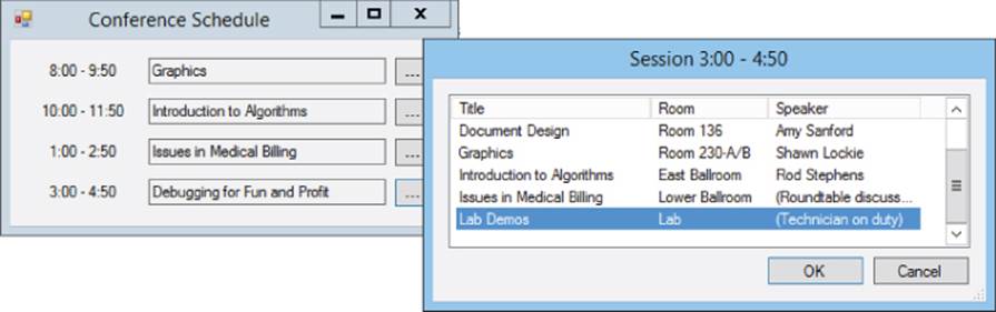Screenshot of Conference Schedule designer window for 4 different schedules from 8:00–4:50 and a popped-up session selection dialog box for 3:00–4:50 with Lab Demos row highlighted.