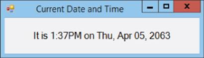 Screenshot of Current Date and Time window displaying the words “It is 1:37PM on Thu, Apr 05,2063.”