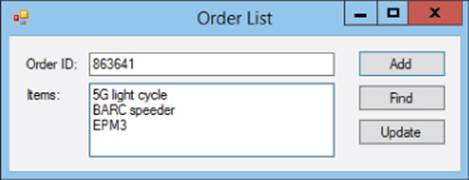 Screenshot of Order List window presenting 863641 in the Order ID field and 5G light cycle, BARC speeder, EPM3 in the Items field (left) with the highlighted Add button and Find and Update buttons (right).