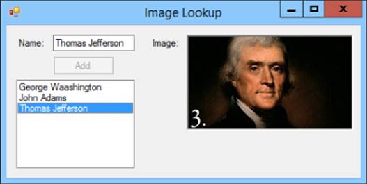 Screenshot of Image Lookup window with the Thomas Jefferson in the Name textbox and a list of names below with the highlighted Thomas Jefferson (left) and the image of Thomas Jefferson (right).