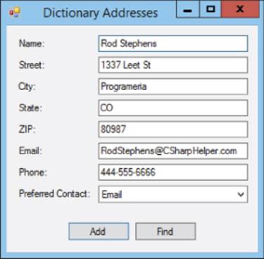 Screenshot of Dictionary Addresses window presenting the filled-up textboxes for name, street, city, state, ZIP, email, phone, and preferred contacts with Add and Find buttons at the bottom.