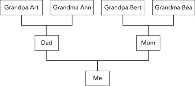 Diagram of a three-generation family tree presenting Me box (bottom) linked to two boxes labeled Dad linked to Grandpa Art and Grandma Ann (left) and Mom linked to Grandpa Bert and Grandma Bea (right).
