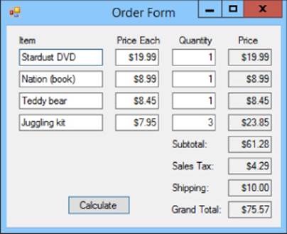 Screenshot of Order Form window with Item, Price Each, Quantity, and Price columns; Subtotal, Sales Tax, Shipping, and Grand Total textboxes under Price column; and Calculate button.