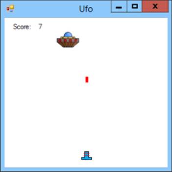 Screenshot of Ufo window depicting a UFO shooting gallery game with an image of the Ufo (top), an inverted T (bottom), and a rectangular object (middle). The Score is displayed at the upper left corner of the window.