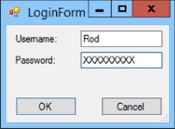 Screenshot of LoginForm window presenting two textboxes for Username and Password with OK and Cancel buttons at the bottom.
