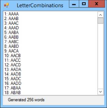 Screenshot of LetterCombinations window displaying a list of possible four-letter combinations containing the letters A, B, C, and D. The phrase “Generated 256 words” is displayed at the bottom.