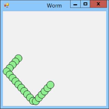 Screenshot of Worm window displaying a chain of circles depicting a worm that bounces around the window.