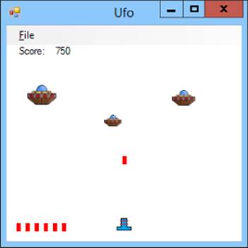 Screenshot of Ufo window with three UFOs atop and six rectangular objects at the bottom left corner of the window. Another rectangular object is above an inverted T-shaped object.
