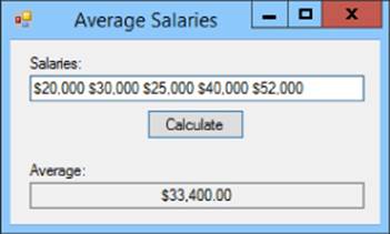 Screenshot of Average Salaries window displaying the Salaries textbox (top), highlighted Calculate button (middle), and Average textbox (bottom).