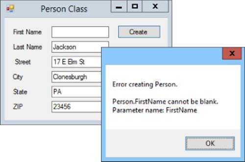 Screenshot of Person Class window displaying a filled-up form excluding the First Name with Create button on the right and a popped-up error box noting the blank parameter.