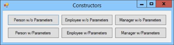 Constructors dialog box presenting six buttons for person, employee, and manager with and without parameters.