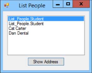 List People dialog box presenting four items (List_People.Student, List_People.Student, Cat Carter, and Dan Dental) and a Show Address button.