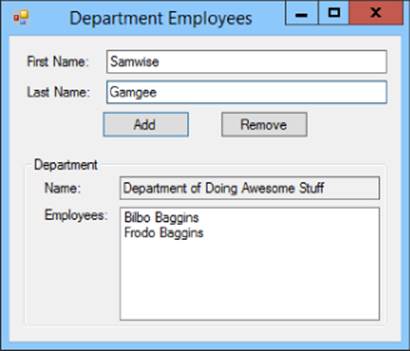 Department Employees dialog box presenting text boxes for First Name and Last Name with Add and Remove buttons. Below is a Department section with the department name and a box listing its employees.
