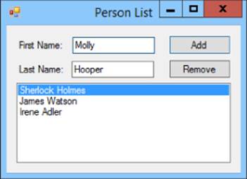 Person List dialog box presenting Molly and Hooper on the text boxes for First Name and Last Name, respectively, with Add and Remove buttons. Below is a box listing three character names in Sherlock Holmes series.