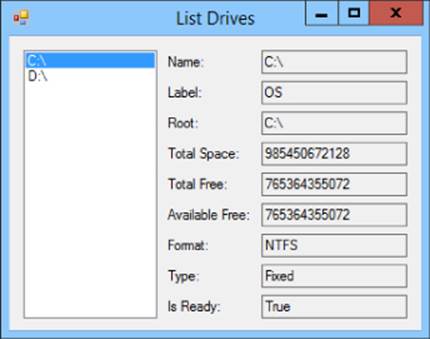 List drives dialog box. It is divided into two sections. Left: A list of drives. Right: The details of the drive, namely, label, root, total space, total free space, available free space, format, type, and readiness status.