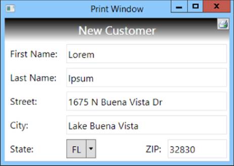Print Window dialog box presenting New Customer details with text boxes for First Name, Last Name, Street, City, State, and ZIP code. A Print icon is on the top right corner.
