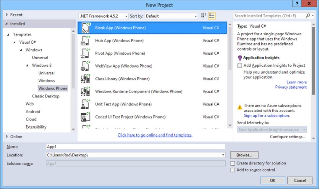 New Project dialog box presenting templates (middle pane) under the Windows Phone Apps category (left pane). On the right is the Properties pane listing description, preview, and Application Insights check box.