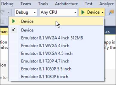 Screenshot of the Run drop-down list in the standard toolbar. Device is highlighted in the list.
