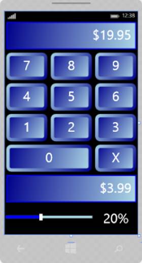 Screenshot of the calculator app from the designer displaying textboxes for solutions, number keypads, and percentage slider set to 20% at the bottom.