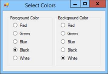 Select Colors window displaying Foreground and Background Color panels, both with radio buttons for Red, Green, Blue, Black, and White. Black is selected for Foreground and White for Background.
