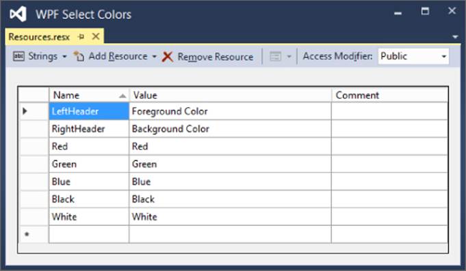 Screenshot of WPF Select Colors window of the resources editor presenting at the upper-right corner Access Modifier set to Public and 3 columns, namely, Name (LeftHeader highlighted), Value, and Comment.