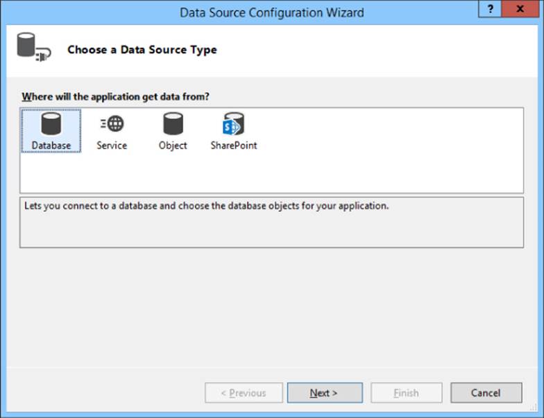 Data Source Configuration Wizard dialog box presenting the choices for data source type: Database, Service, Object, and SharePoint. The Database option is highlighted.