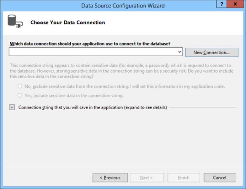 Data Source Configuration Wizard dialog box presenting the question “Which data connection should your application use to connect to the database?” with a drop-down list and New connection button.