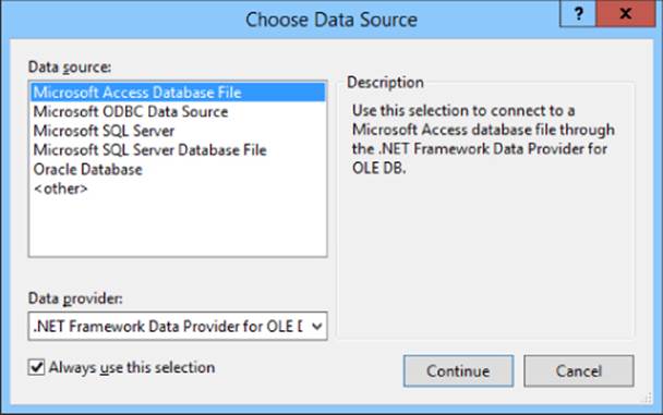 Choose Data Source dialog box with Data Source panel on the left with Microsoft Access Database File highlighted and description on the right. Data Provider option and Continue button located at the bottom.