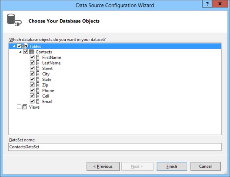 Screenshot of Data Source Configuration Wizard dialog box presenting a list of database objects with checked boxes: Tables, Contacts, FirstName, LastName, Street, City, State, Zip, Phone, Cell, and Email.