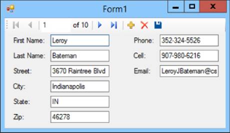 Screenshot of Form1 window displaying values in textboxes for labels, namely, FirstName, LastName, Street, City, State, Zip, Phone, Cell, and Email.