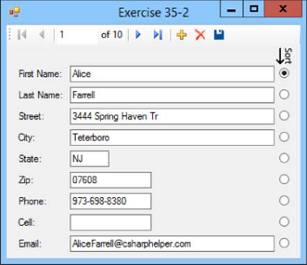 Exercise 35-2 window displaying text boxes with record values for FirstName, LastName, Street, City, State, Zip, Phone, Cell, and Email. Radio buttons labeled Sort are displayed at the right of each text boxes.