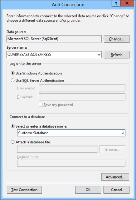 Add Connection dialog box presenting Data Source set to Microsoft SQL Server, Server name set to QUARKBEST\SQLEXPRESS, and Select or enter a database name set to CustomerDatabase.