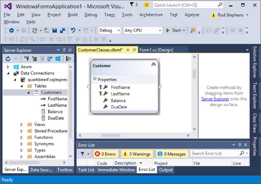Screenshot of Microsoft Visual Basic window displaying the Server Explorer with Customers table selected (left) and the designer surface with the dragged Customers table as a created class (right).