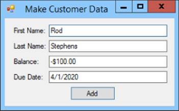 Make Customer Data window with First Name set to Rod, Last Name to Stephens, Balance to -$100.00, and Due Date to 4/1/2020. Add button is displayed at the bottom.