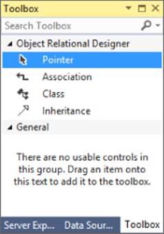 Toolbox window displaying Object Relational Designer, Pointer, Association, Class, Inheritance, and General tools. The Pointer tool is highlighted.