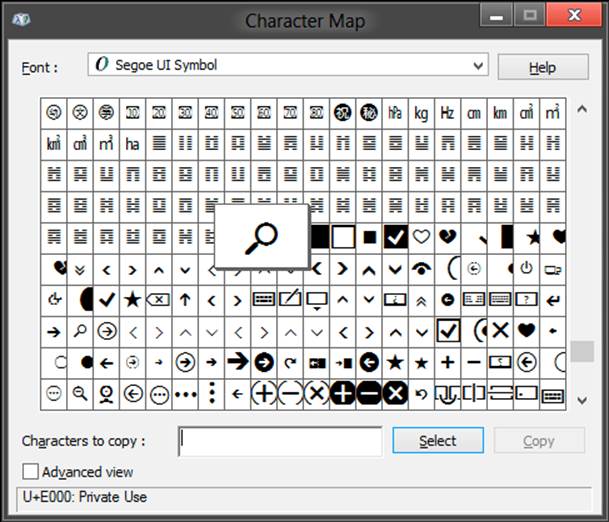 Charmap.exe showing some of the icons in Segoe UI Symbol