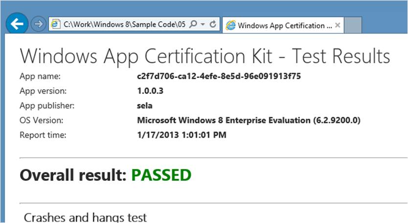 A screenshot showing a portion of a Windows ACK test results report, which shows the app name, version number, publisher, OS version, report time, and overall result.