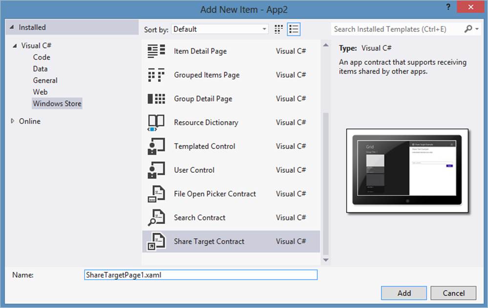 A screenshot of the Add New Items dialog box. On the left, Windows Store is selected in the Visual C# tree. In the middle, the Share Target Contract item is selected. On the right, there is a description of the selected item.
