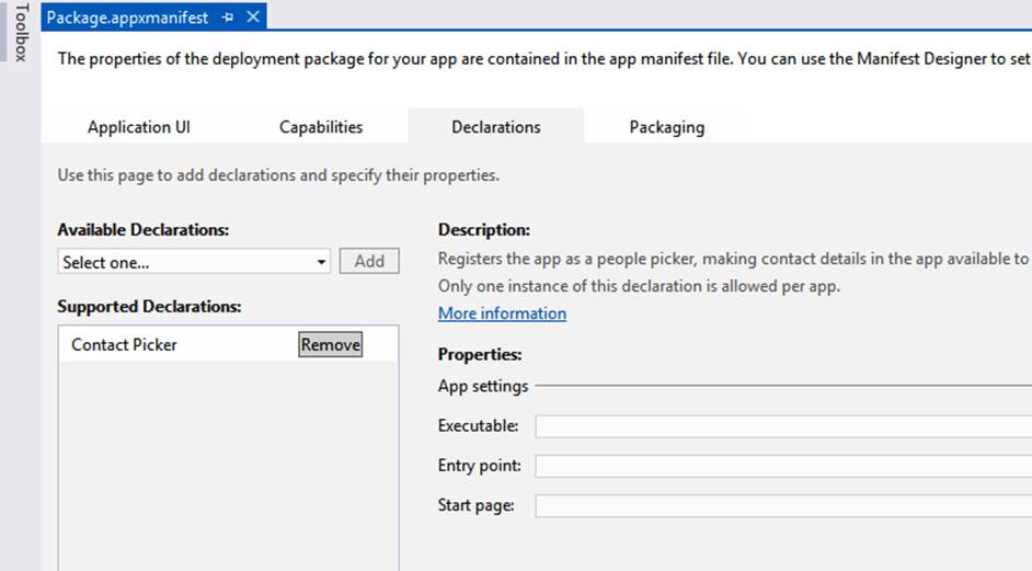 A screenshot of the Declarations tab in Visual Studio. The Contact Picker option is selected.