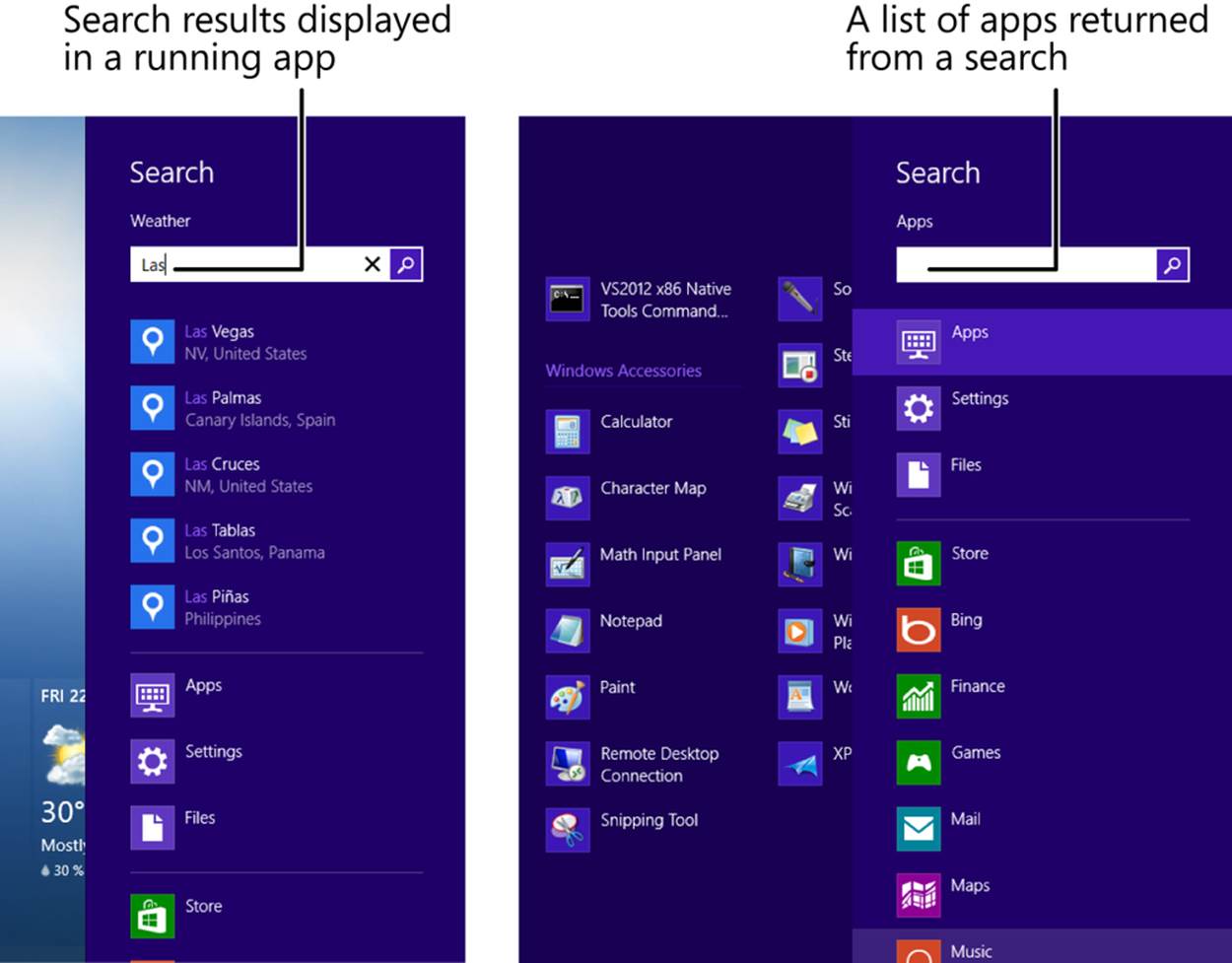 Two screenshots illustrating the Search charm. The image on the left is the Weather app, in which you can enter a city, for example, in the search box in the Search charm. In the image on the right, you can use the search box in the Search charm to search for apps in the system.
