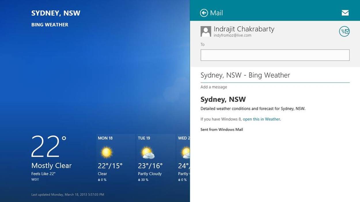 A screenshot of the Weather app with the Mail app open on the right side. The Mail app has a To field for email addresses, and the message portion of the Mail app shows information from the Weather app.