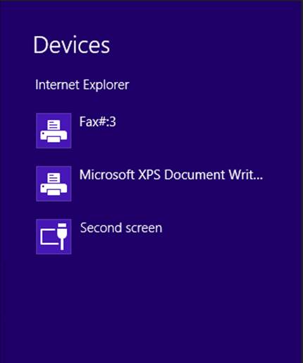 This screenshot shows the Devices charm with three devices: Fax#:3, Microsoft XPS Document Writer, and Second screen. The user can send content from Internet Explorer to those devices.