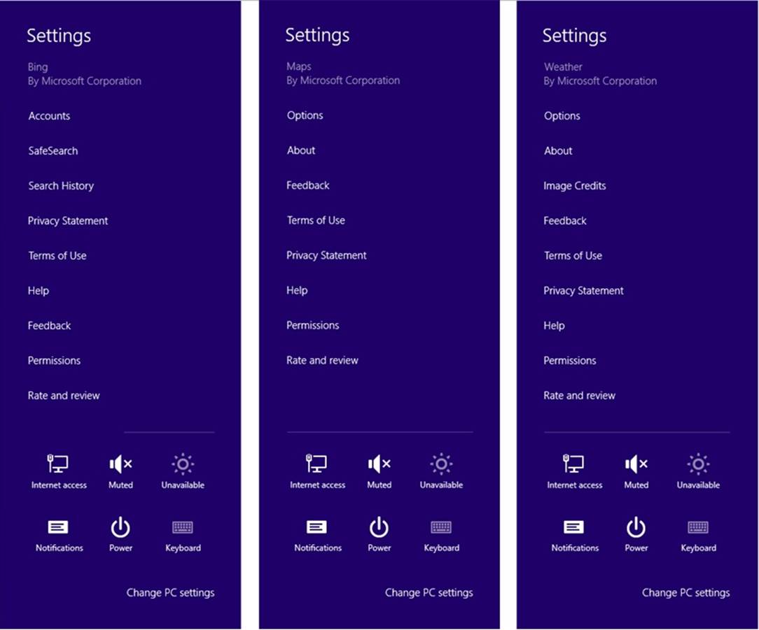 These three screenshots of the Settings charm shows the Bing, Maps, and Weather apps with the commands available for these apps, such as Search History, Feedback, Image Credits, and many more. The Settings charm also contains options along the bottom portion of the window that are found in all Windows Store apps: Internet access, Muted, Unavailable, Notifications, Power, and Keyboard.