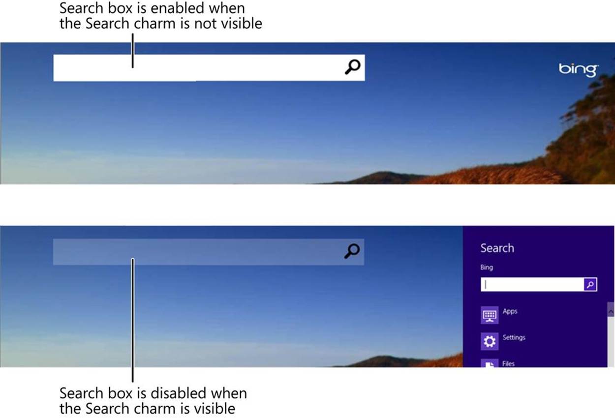 Two screenshots of the Bing app are shown. The top screenshot shows the search box is enabled; the bottom screen shot shows the search box is disabled and the Search pane is visible.